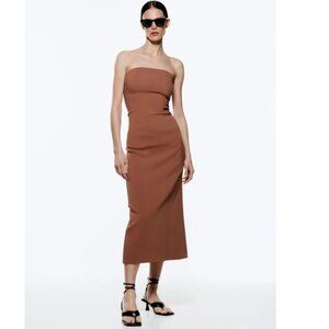 Zara Brown MIDI Bustier Dress strapless Bodycon NWT